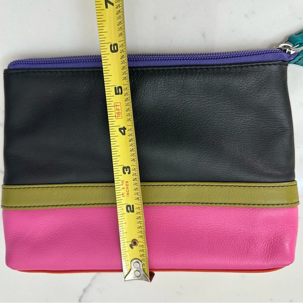 Leather  Black and Pink Cosmetic Bag with Olive Accent